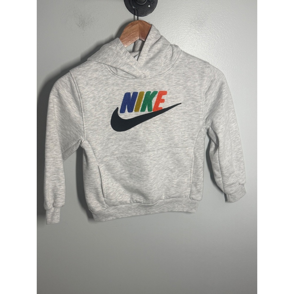 Nike Boys Grey Heather Multi-Color Embroidered Logo Pullover Hoodie Size 6 5-6Y
